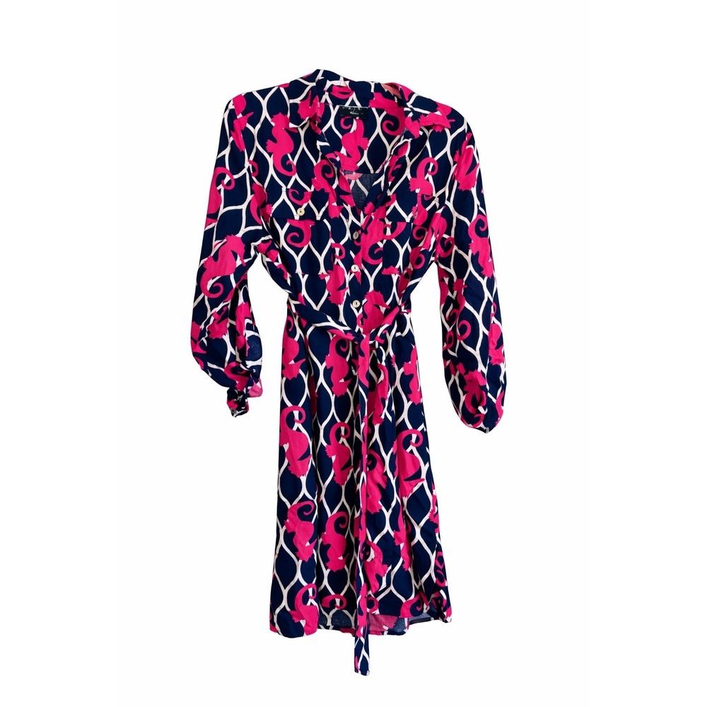 Escapada Beach Tunic Shirt Dress – Size Large – Seahorse Print – Navy & Pink